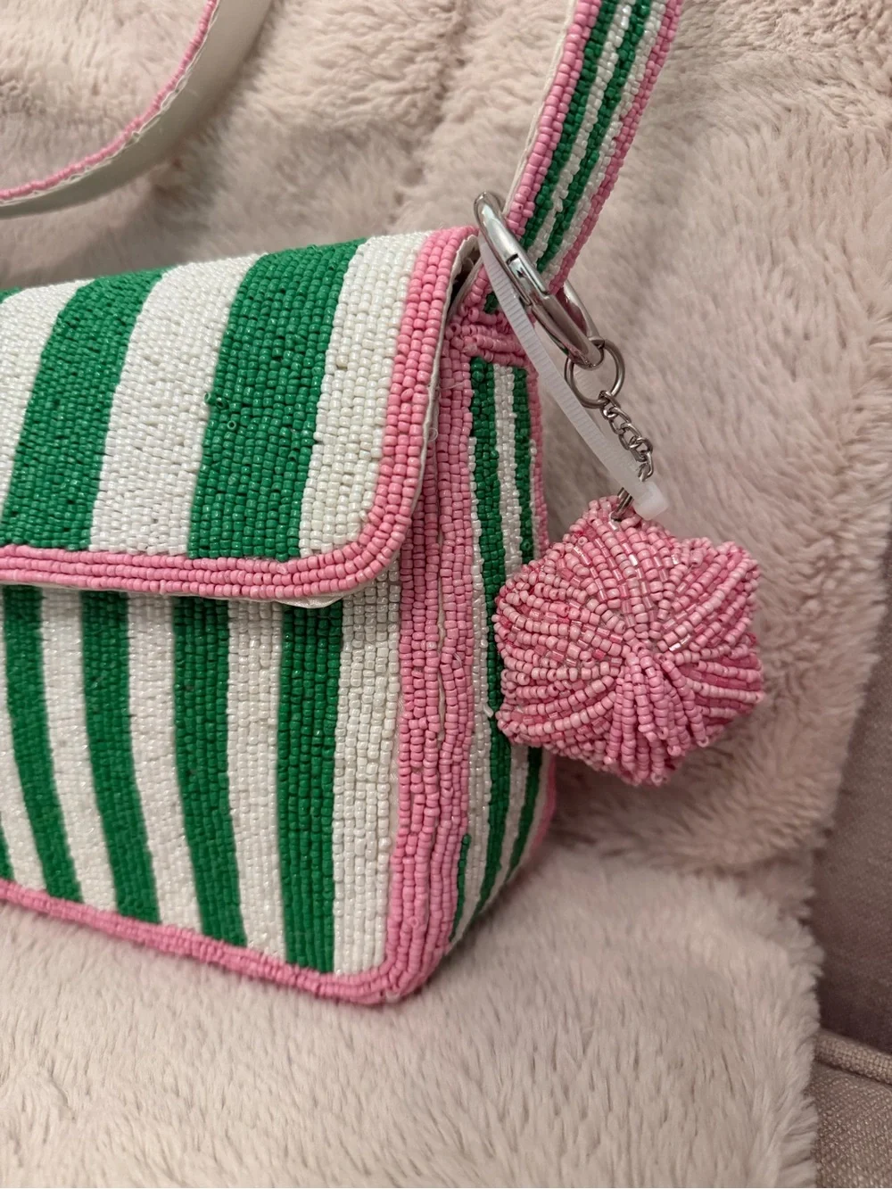 Viral TJ Maxx Beaded Bag Pink & Green Striped With Beaded Pink Charm